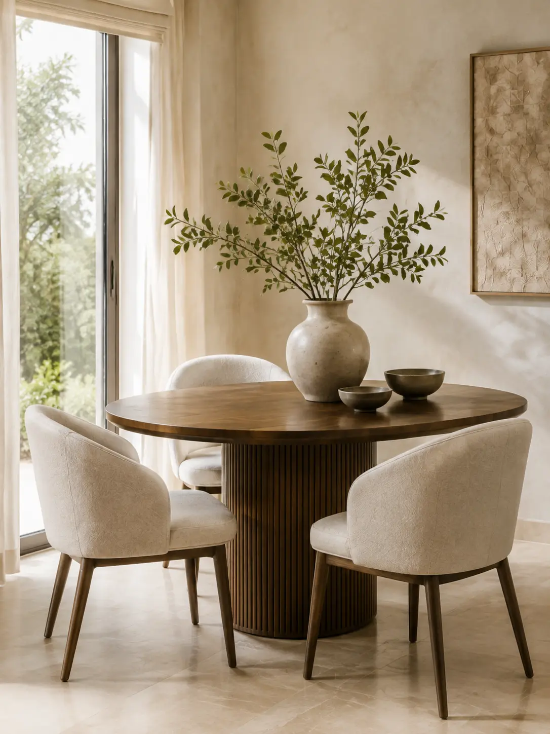 Smoked oak dining table with curved ivory chairs in a bright modern interior
