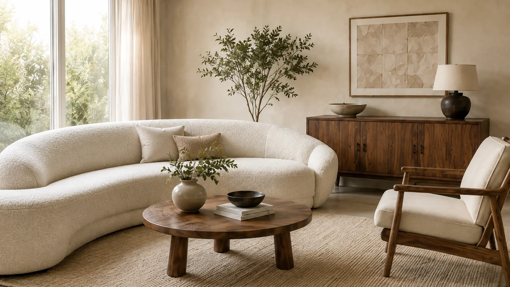 Curved ivory sofa and walnut furniture in a bright modern living room