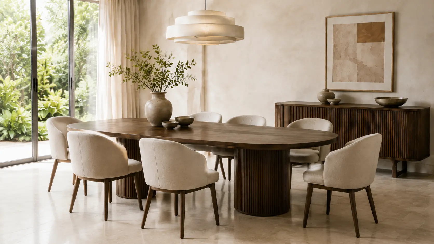 Smoked oak dining table with curved ivory chairs and a fluted walnut sideboard