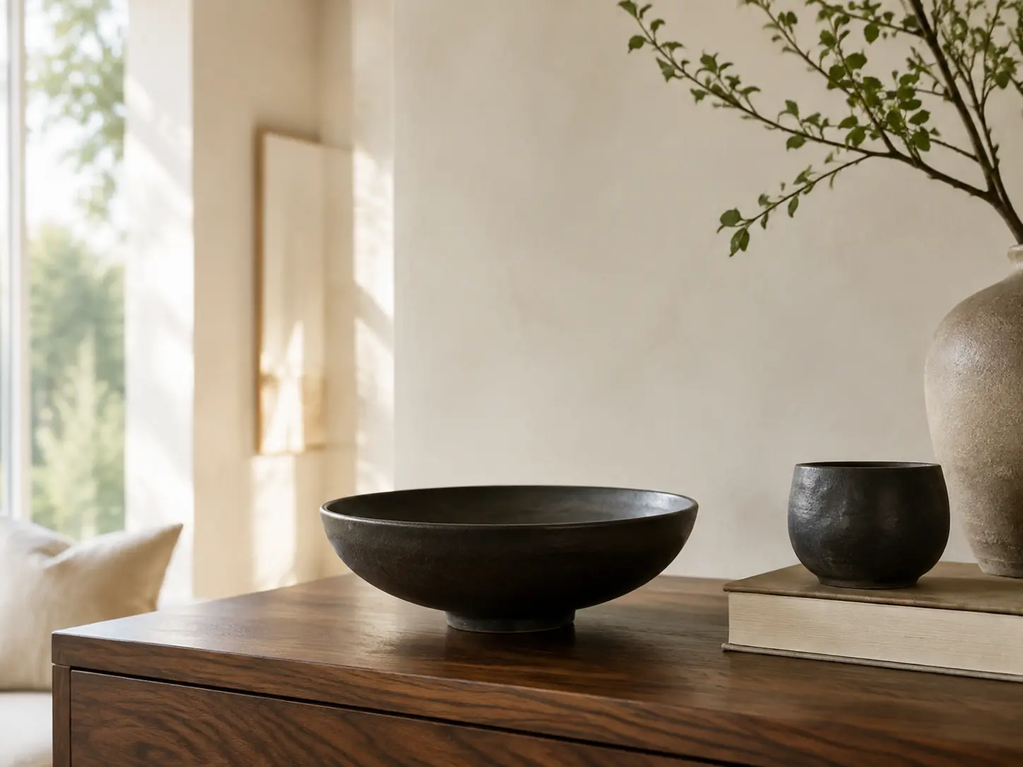 Hand-thrown dark ceramic bowls on walnut in a bright modern interior