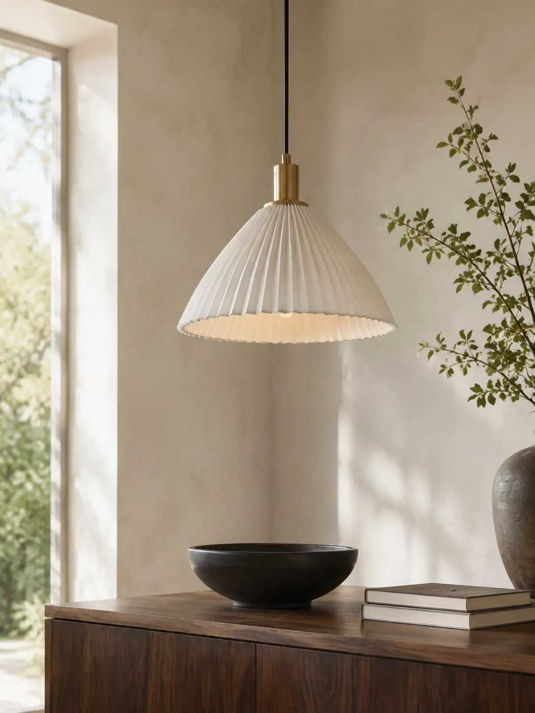 Pleated pendant light above a walnut cabinet in a bright plaster room