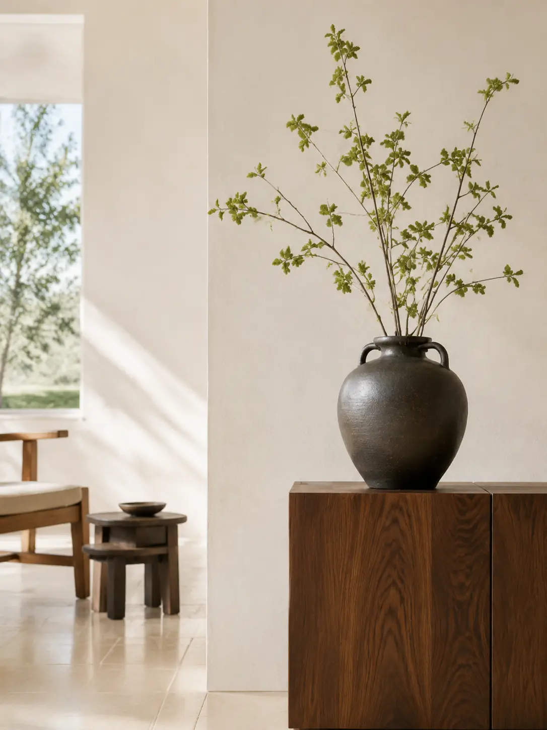 Dark ceramic vessel with green branches on a modern walnut cabinet