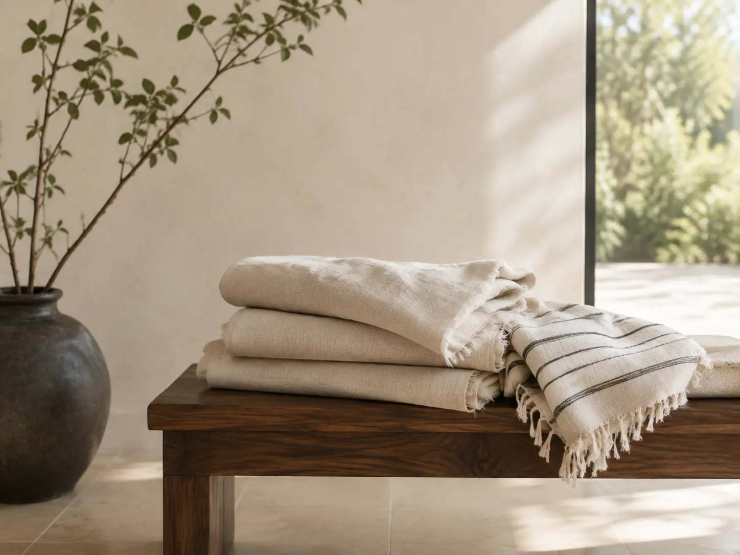 Folded natural linen textiles on a walnut bench in soft daylight