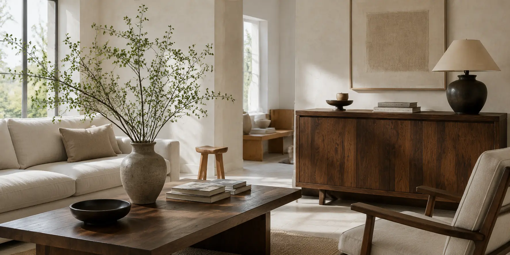 Bright modern drawing room with walnut furniture and ivory linen seating