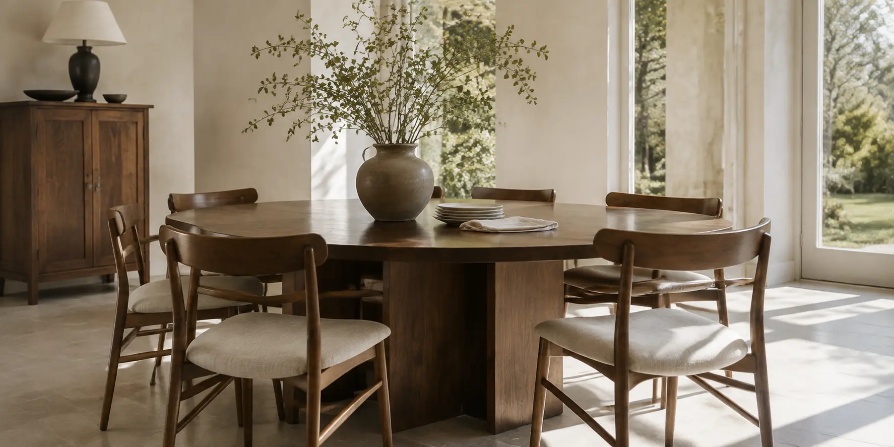 Walnut dining table and oak chairs in a bright modern room
