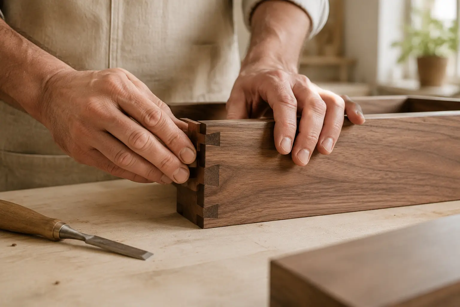 Furniture maker fitting a walnut dovetail joint by hand